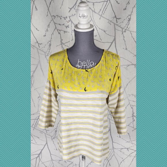 Anthropologie Postmark Yellow Birds Printed Stripe Cotton Top - Picture 1 of 4